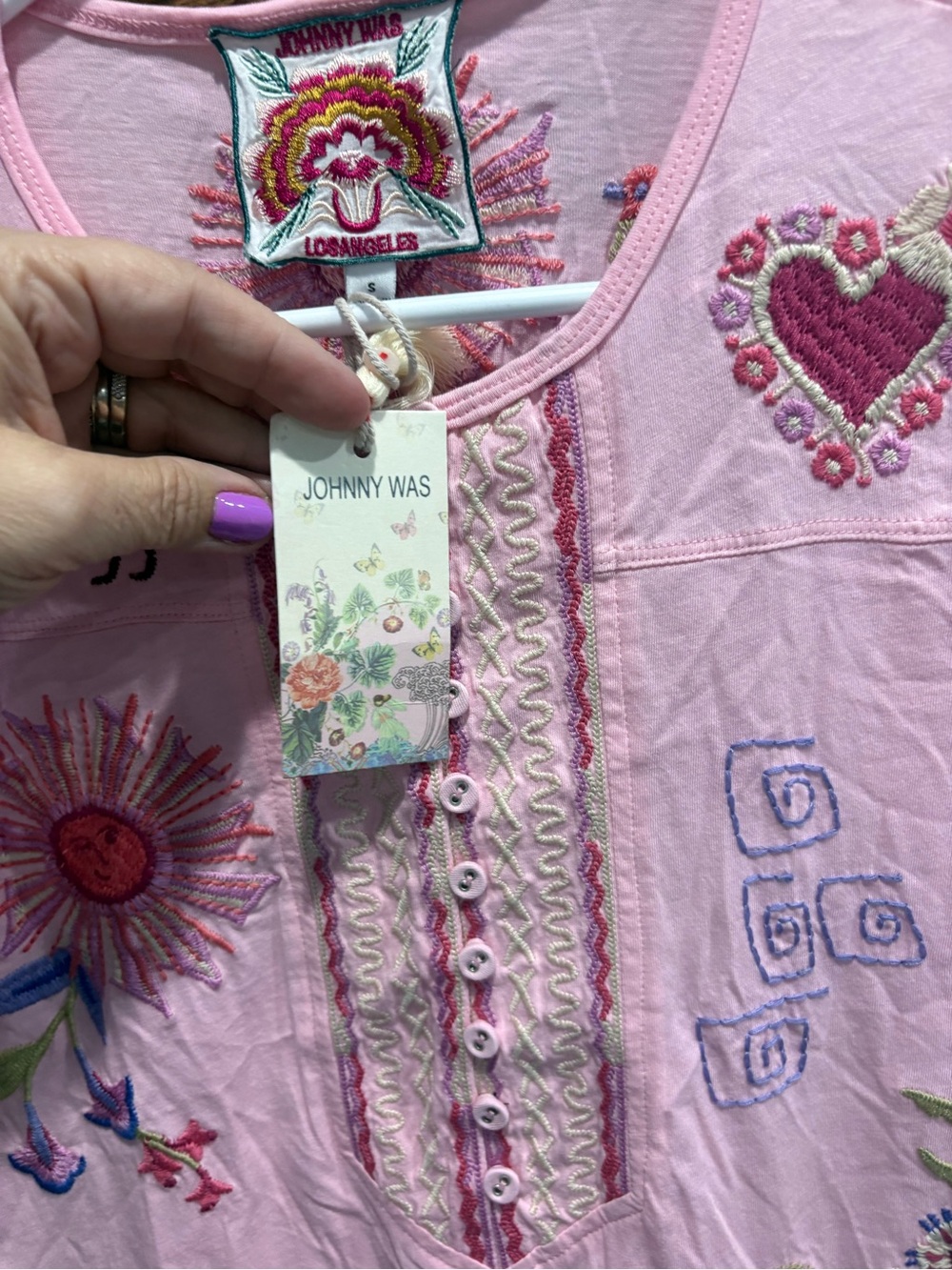 Johnny Was Pink Embroidered Tee with Floral & Bird Motif - Picture 5 of 9